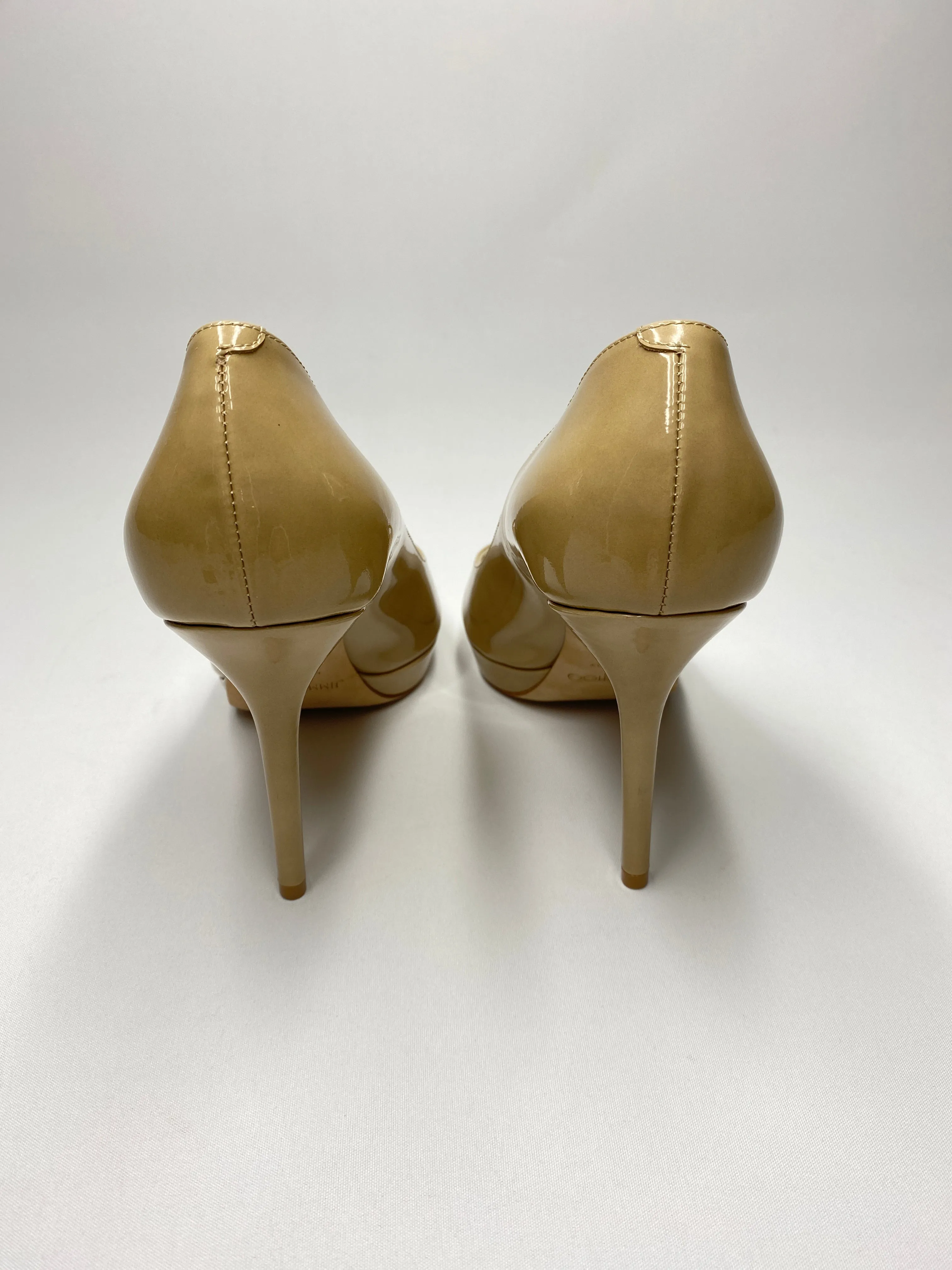 JIMMY CHOO - LUNA NUDE PATENT LEATHER PEEP TOE PLATFORM PUMPS  - SZ 38 - NEW IN BOX