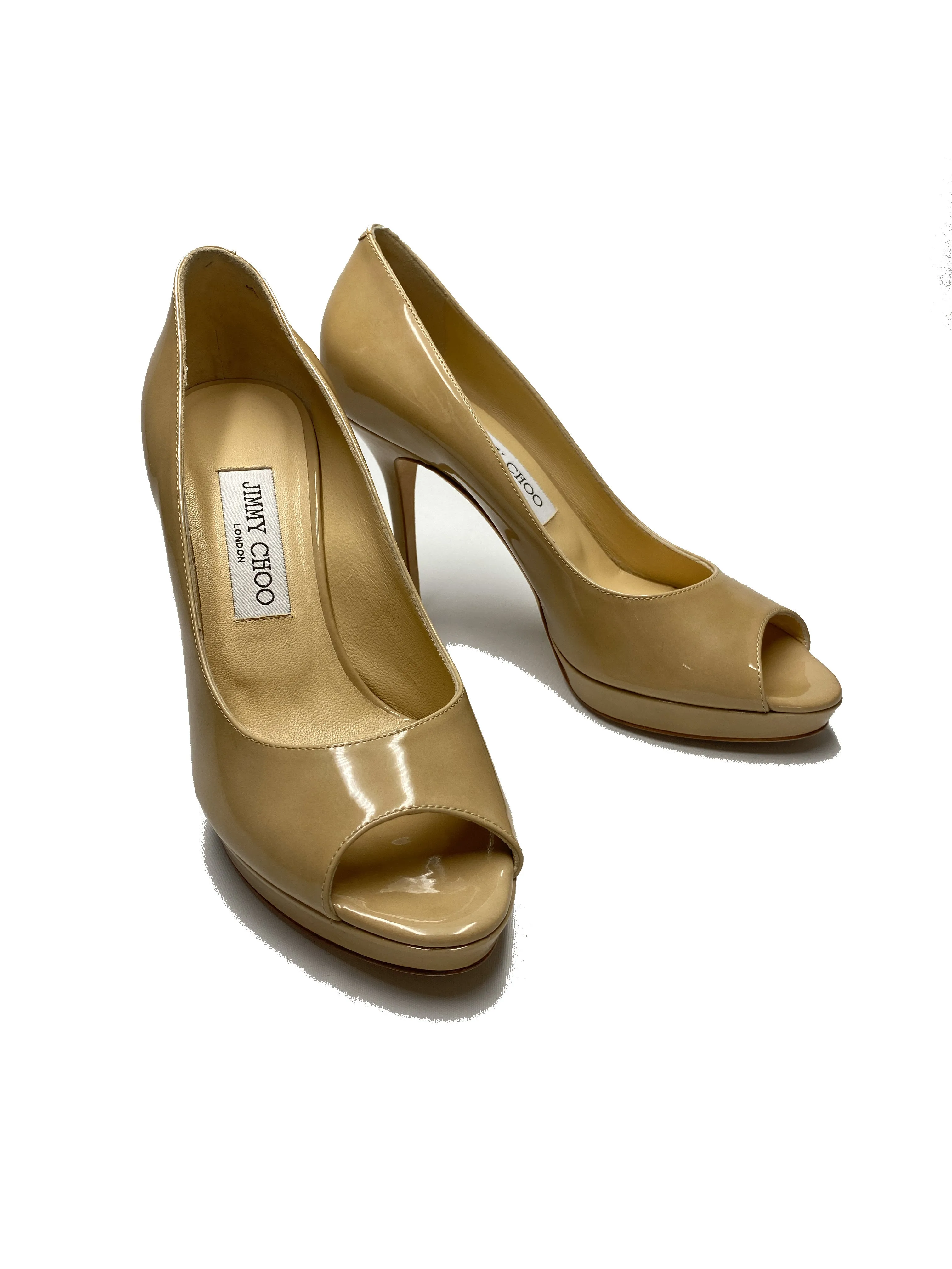 JIMMY CHOO - LUNA NUDE PATENT LEATHER PEEP TOE PLATFORM PUMPS  - SZ 38 - NEW IN BOX