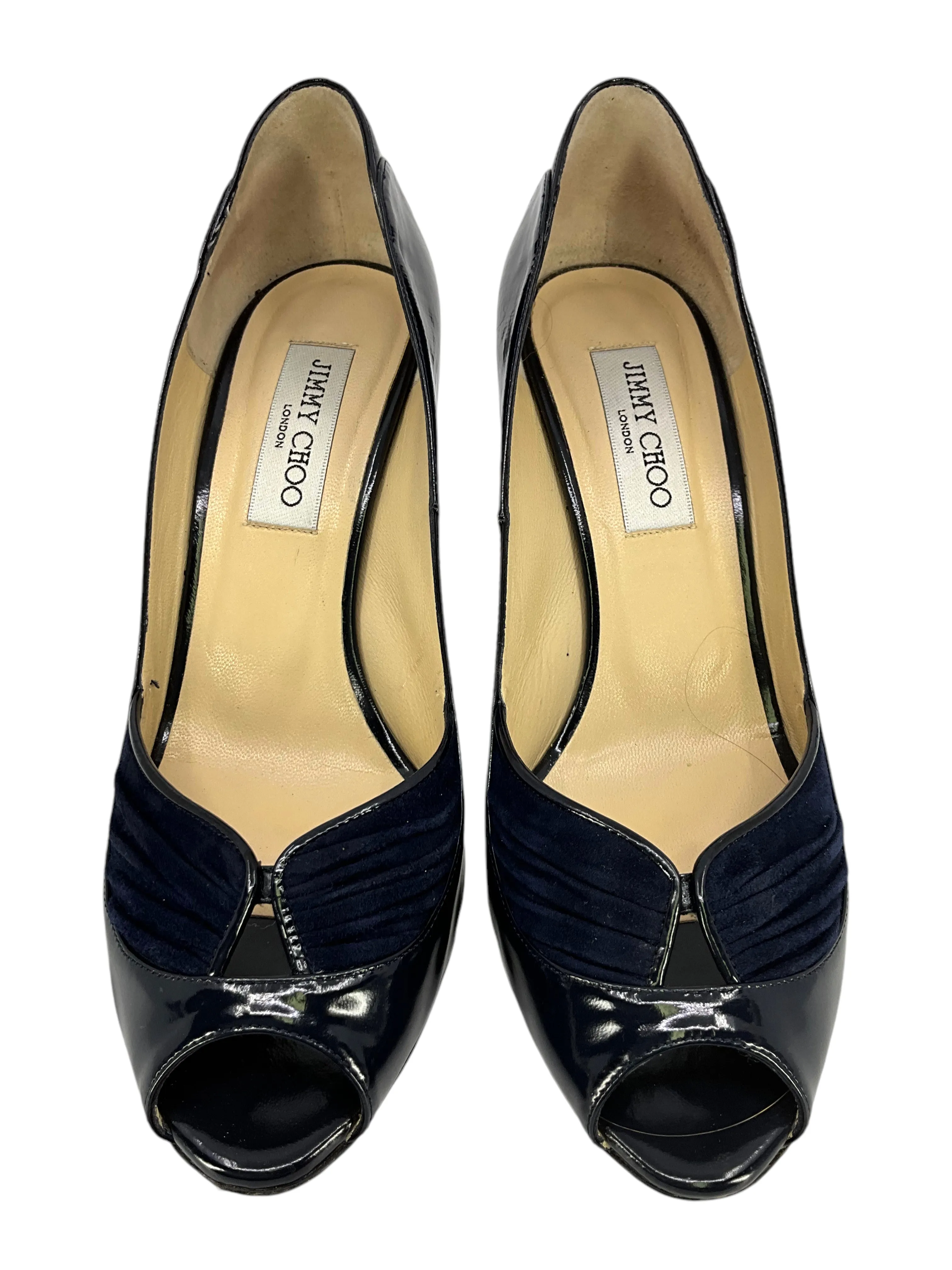 JIMMY CHOO Patent Leather Suede Trim Peep Toe Pumps Size 9.5
