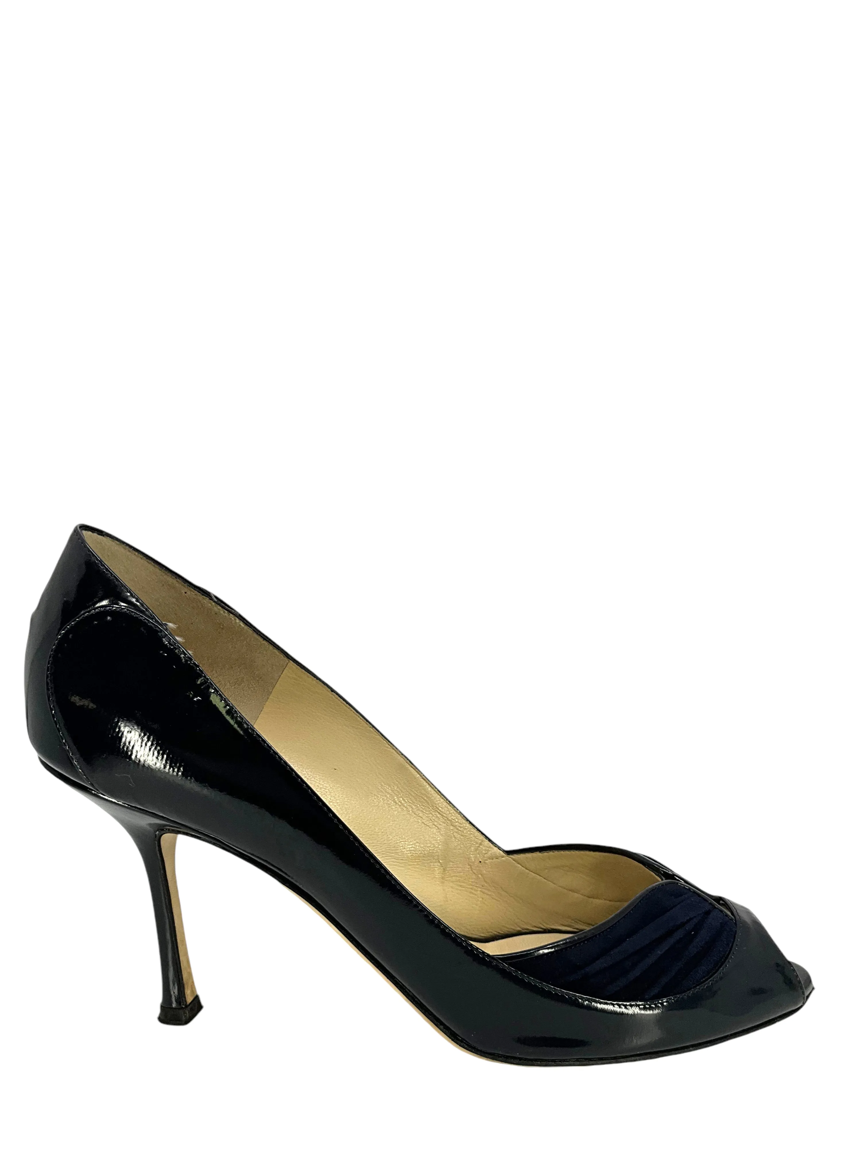 JIMMY CHOO Patent Leather Suede Trim Peep Toe Pumps Size 9.5