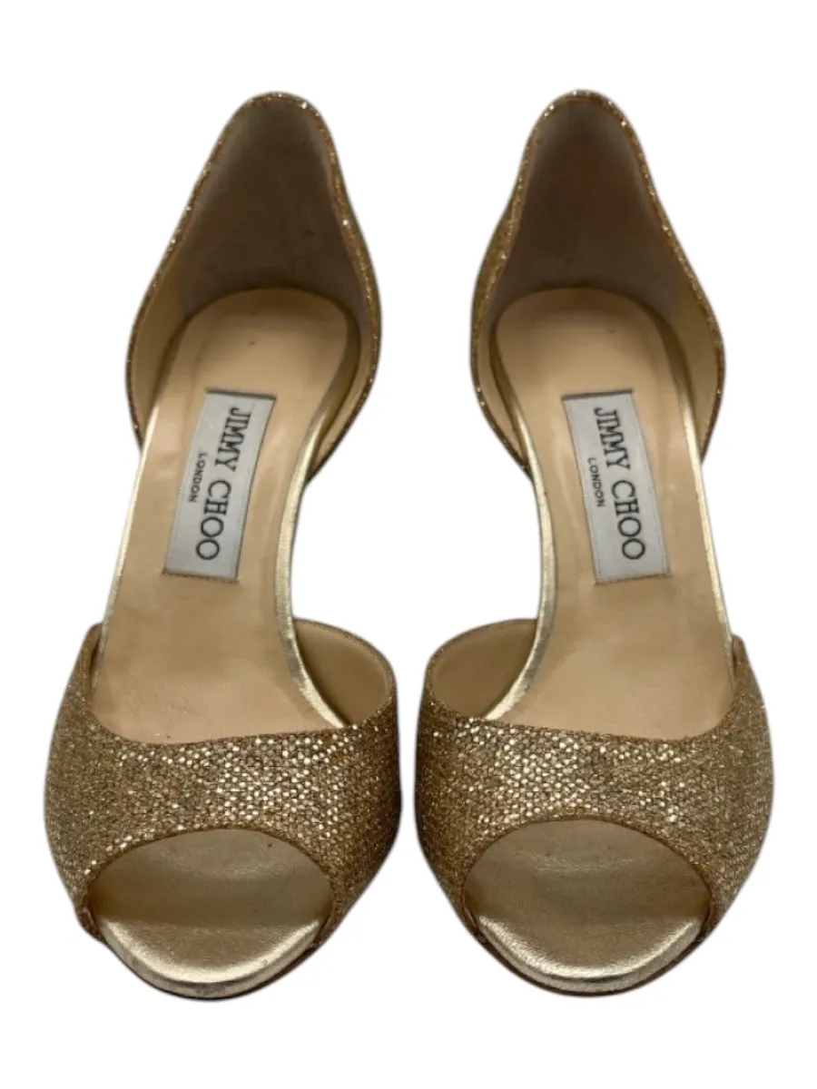 Jimmy Choo Shoe Size 36.5 Gold Glitter Fabric D'orsay Peep Toe Pumps