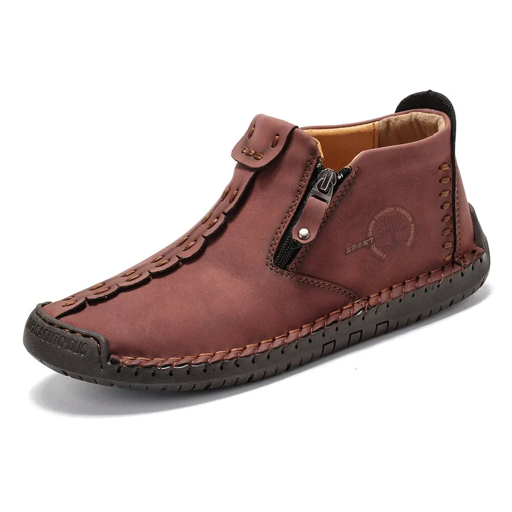 Kaegreel Men's Hand Stitching Leather Non Slip Side Zipper Casual Boots