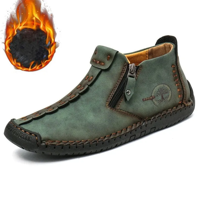 Kaegreel Men's Hand Stitching Leather Non Slip Side Zipper Casual Boots
