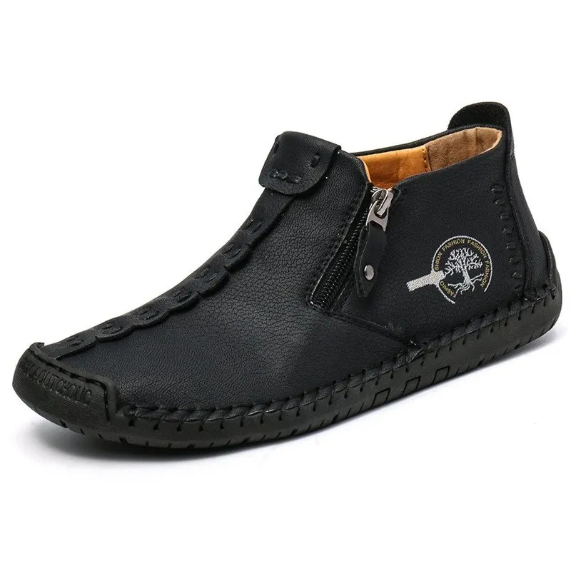 Kaegreel Men's Hand Stitching Leather Non Slip Side Zipper Casual Boots