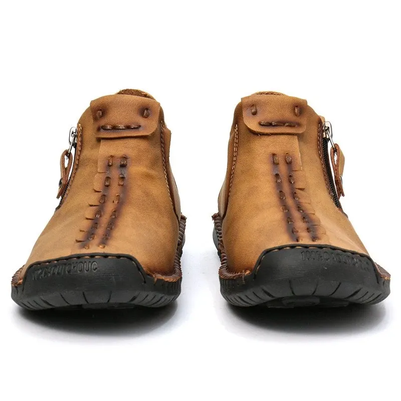 Kaegreel Men's Hand Stitching Leather Non Slip Side Zipper Casual Boots