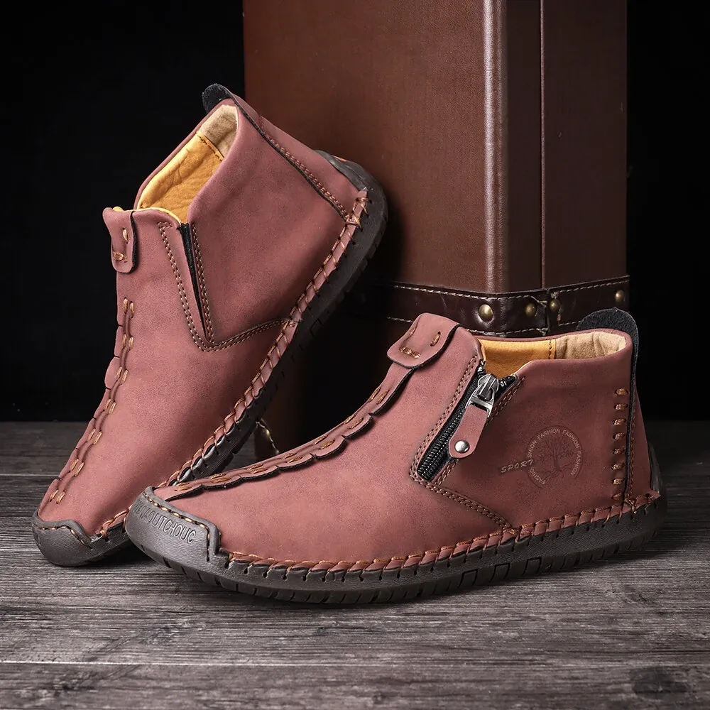 Kaegreel Men's Hand Stitching Leather Non Slip Side Zipper Casual Boots