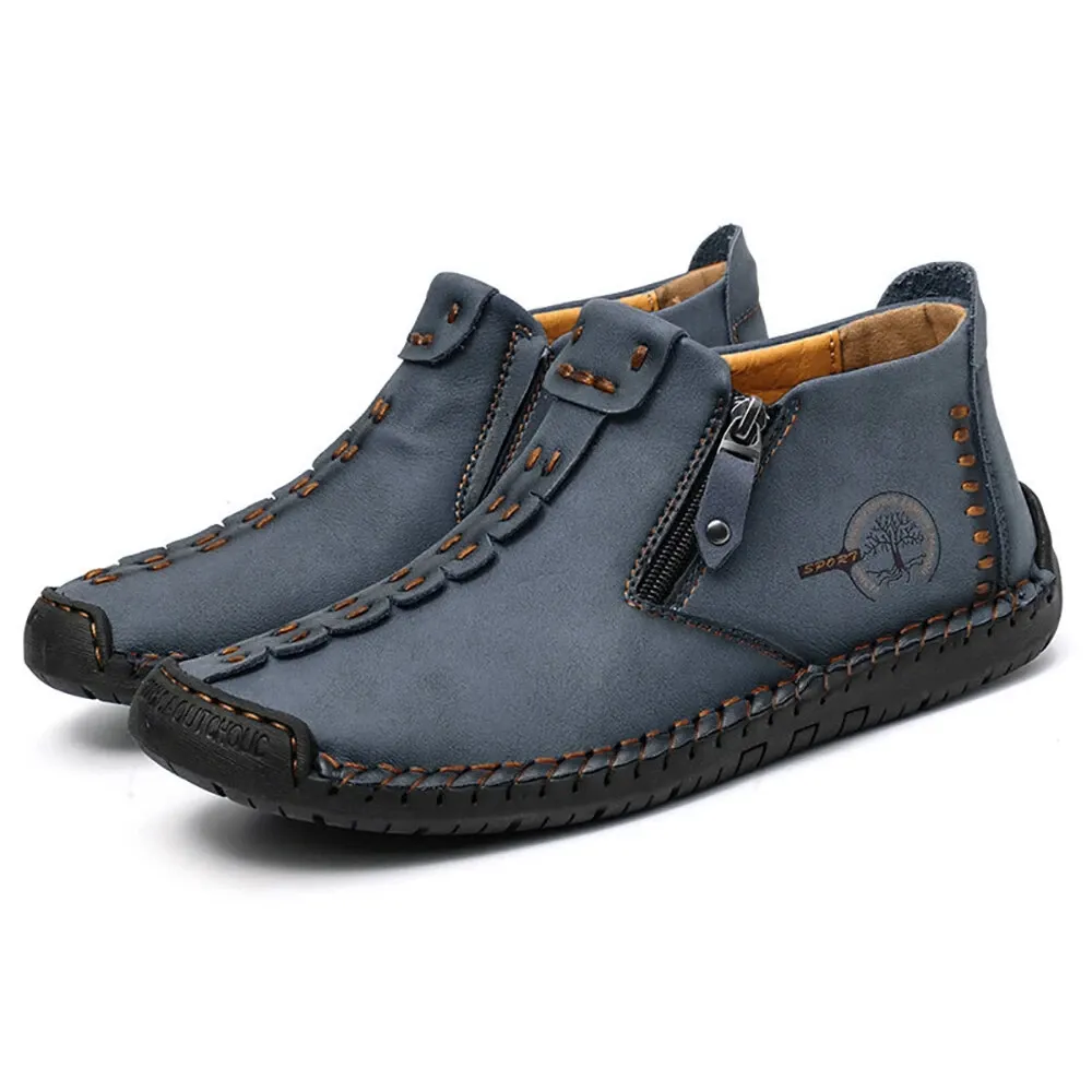 Kaegreel Men's Hand Stitching Leather Non Slip Side Zipper Casual Boots