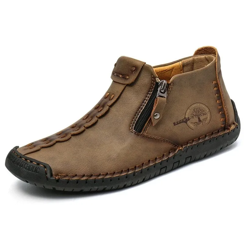 Kaegreel Men's Hand Stitching Leather Non Slip Side Zipper Casual Boots