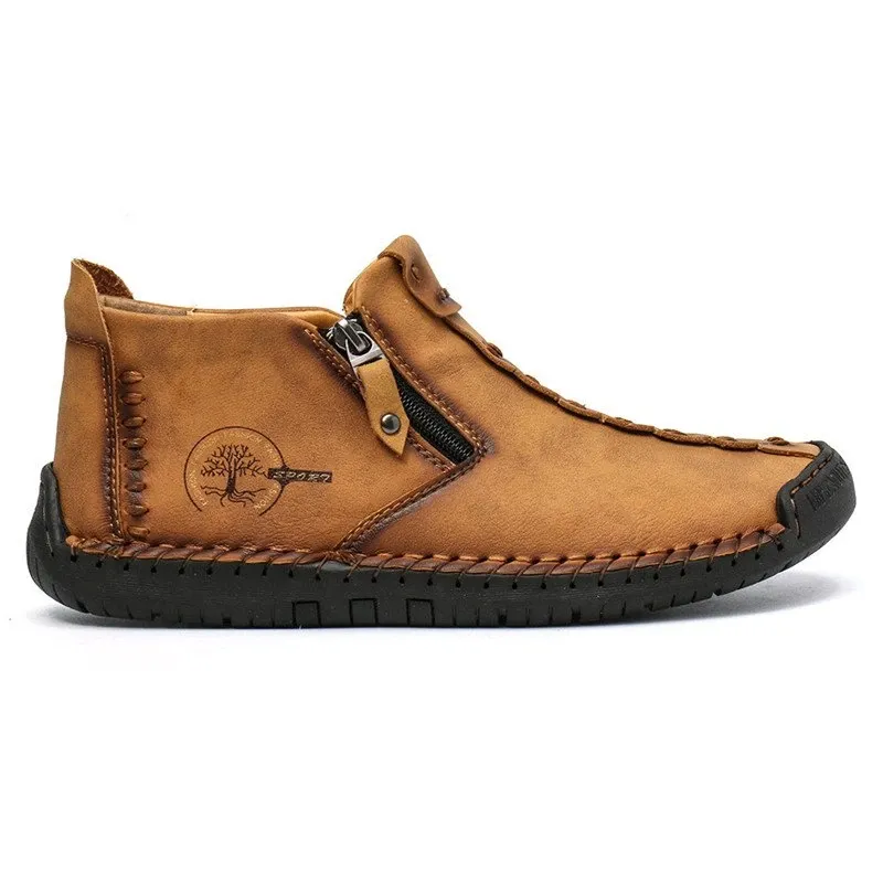 Kaegreel Men's Hand Stitching Leather Non Slip Side Zipper Casual Boots