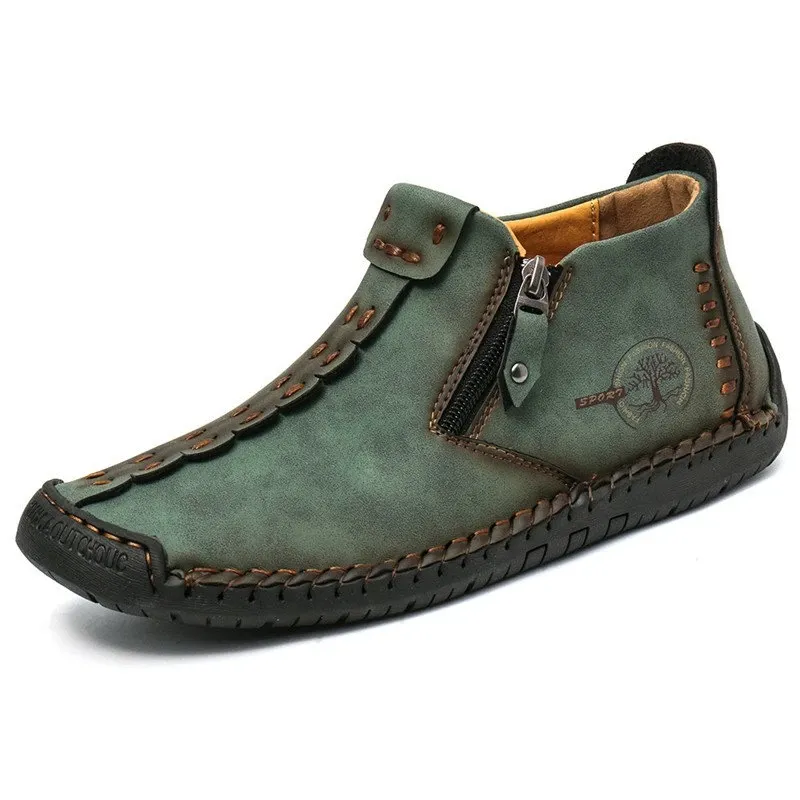 Kaegreel Men's Hand Stitching Leather Non Slip Side Zipper Casual Boots
