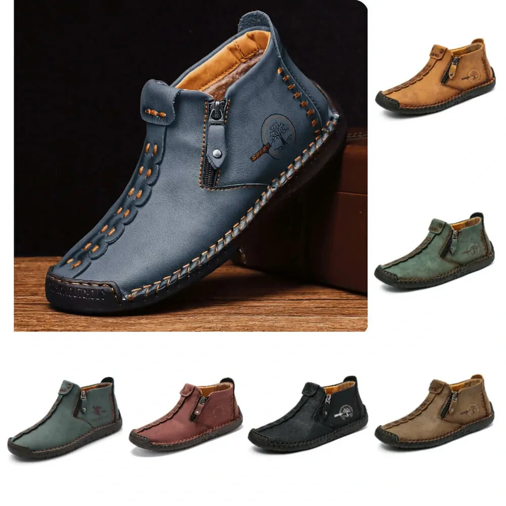 Kaegreel Men's Hand Stitching Leather Non Slip Side Zipper Casual Boots