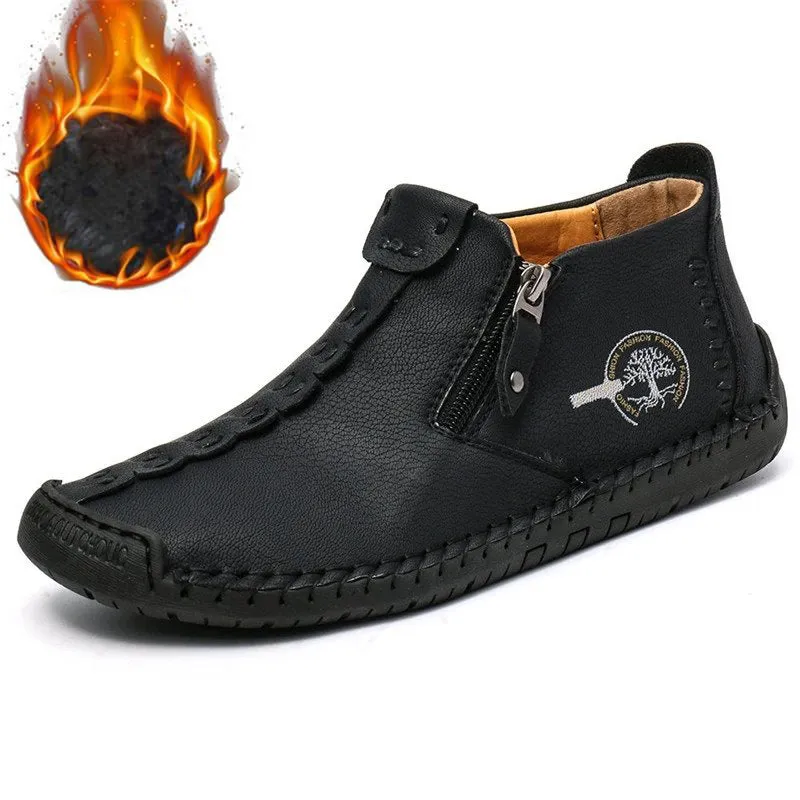 Kaegreel Men's Hand Stitching Leather Non Slip Side Zipper Casual Boots