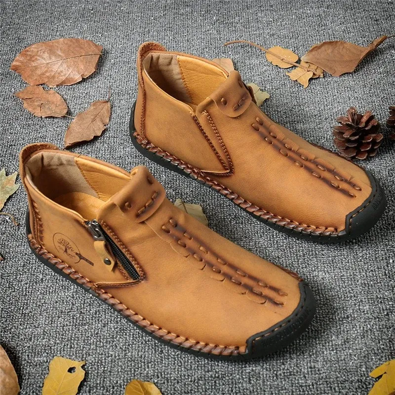 Kaegreel Men's Hand Stitching Leather Non Slip Side Zipper Casual Boots