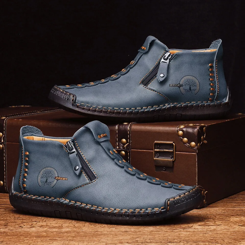 Kaegreel Men's Hand Stitching Leather Non Slip Side Zipper Casual Boots