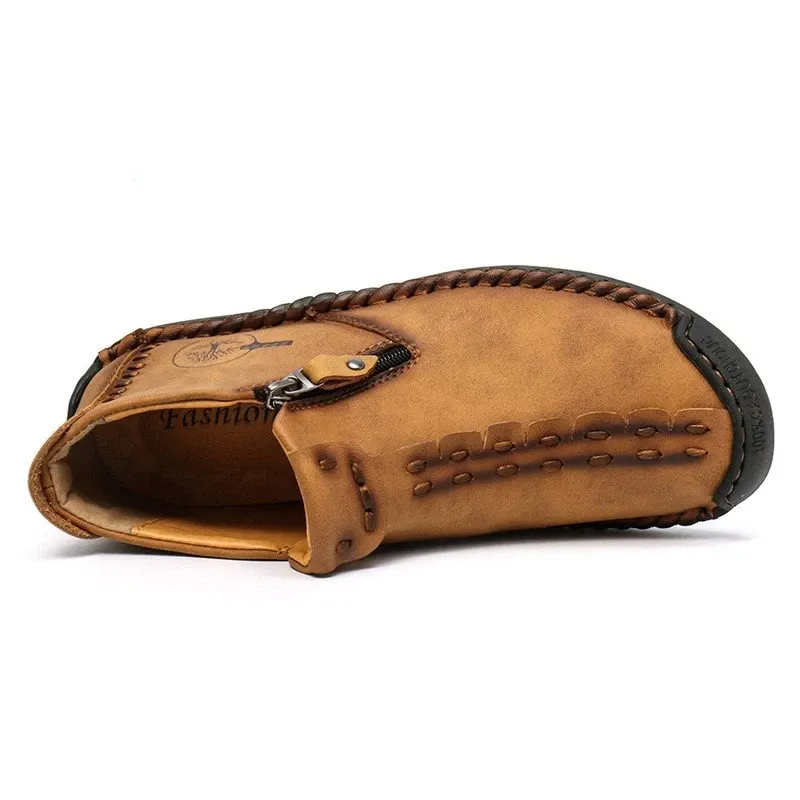 Kaegreel Men's Hand Stitching Leather Non Slip Side Zipper Casual Boots