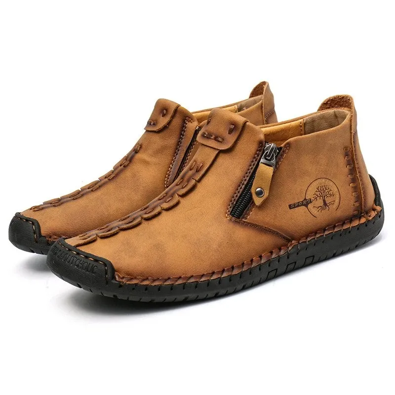 Kaegreel Men's Hand Stitching Leather Non Slip Side Zipper Casual Boots