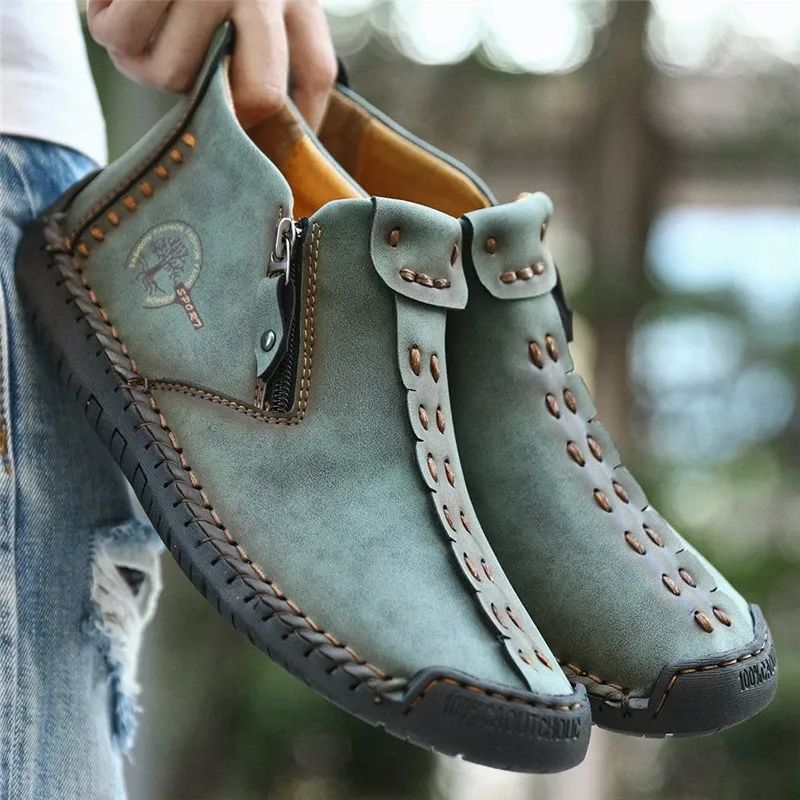 Kaegreel Men's Hand Stitching Leather Non Slip Side Zipper Casual Boots