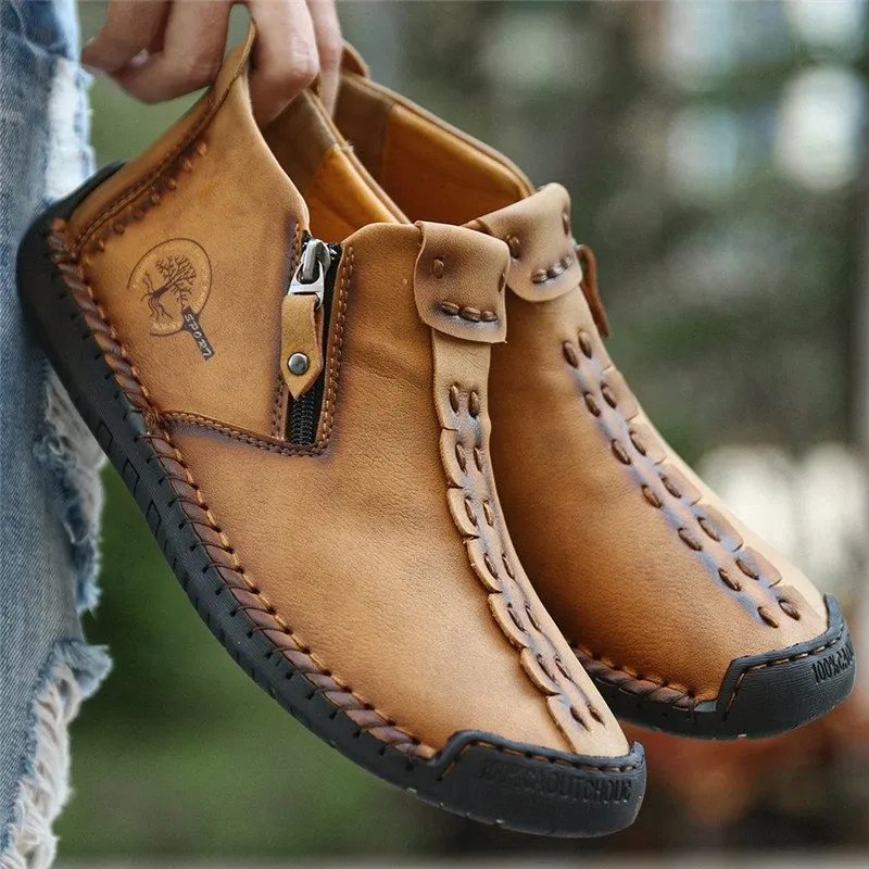Kaegreel Men's Hand Stitching Leather Non Slip Side Zipper Casual Boots