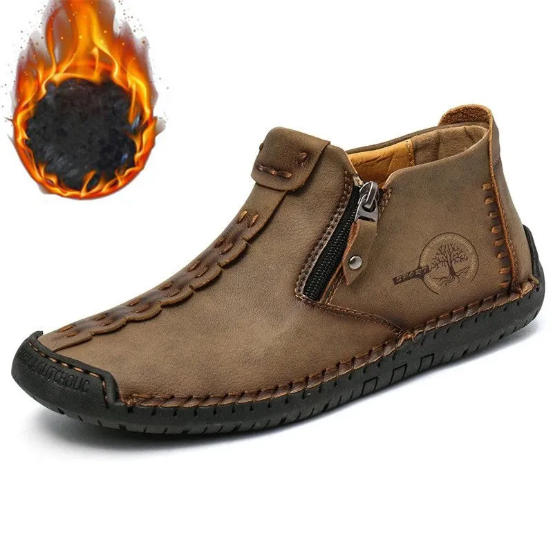 Kaegreel Men's Hand Stitching Leather Non Slip Side Zipper Casual Boots