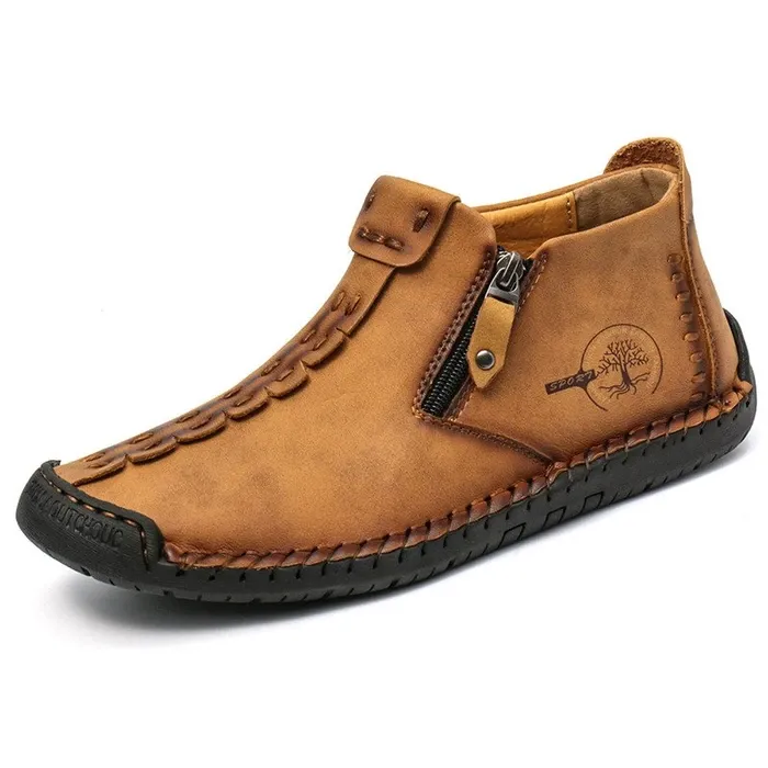 Kaegreel Men's Hand Stitching Leather Non Slip Side Zipper Casual Boots
