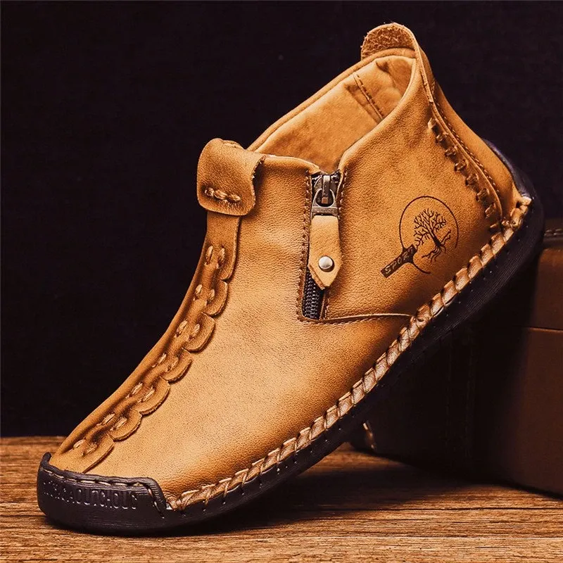 Kaegreel Men's Hand Stitching Leather Non Slip Side Zipper Casual Boots
