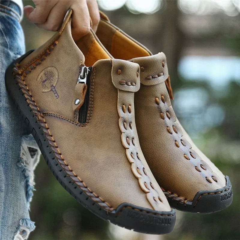 Kaegreel Men's Hand Stitching Leather Non Slip Side Zipper Casual Boots