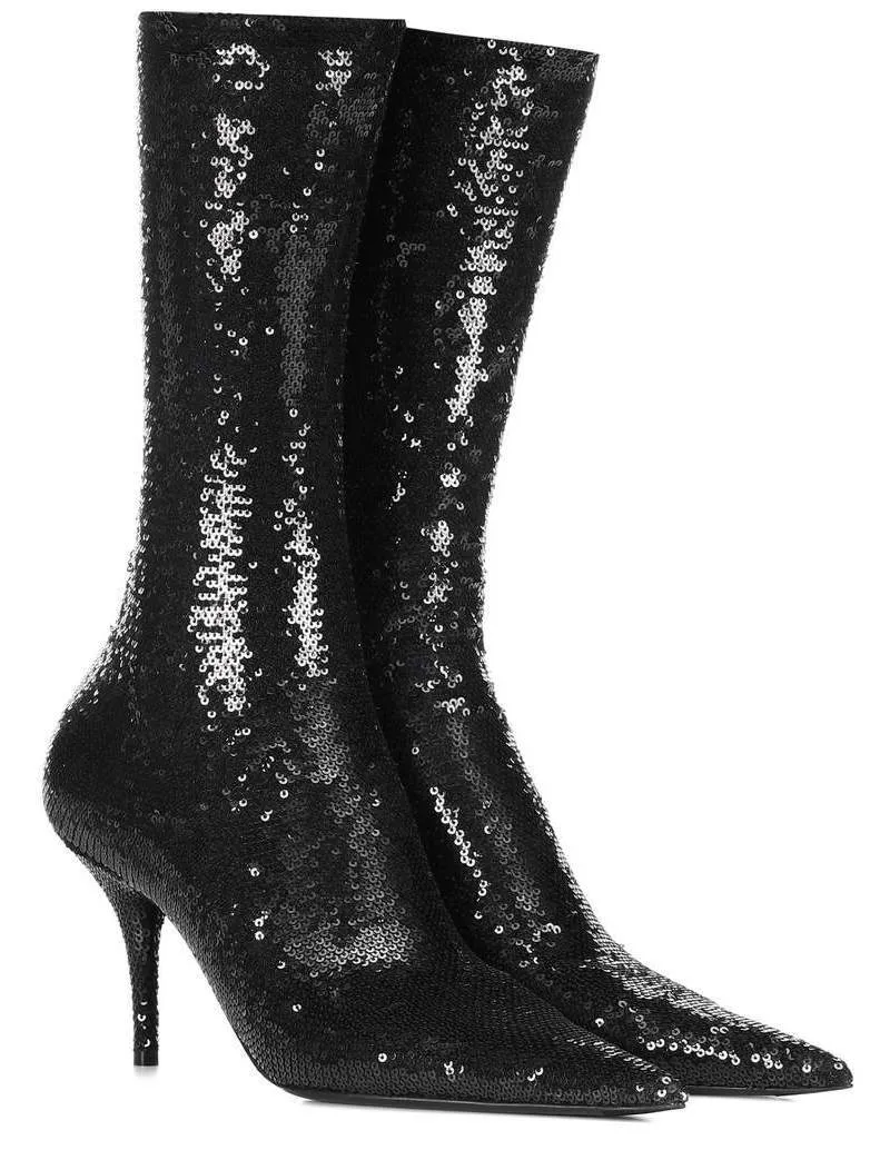 Knife Sequined Sock Boots, Black