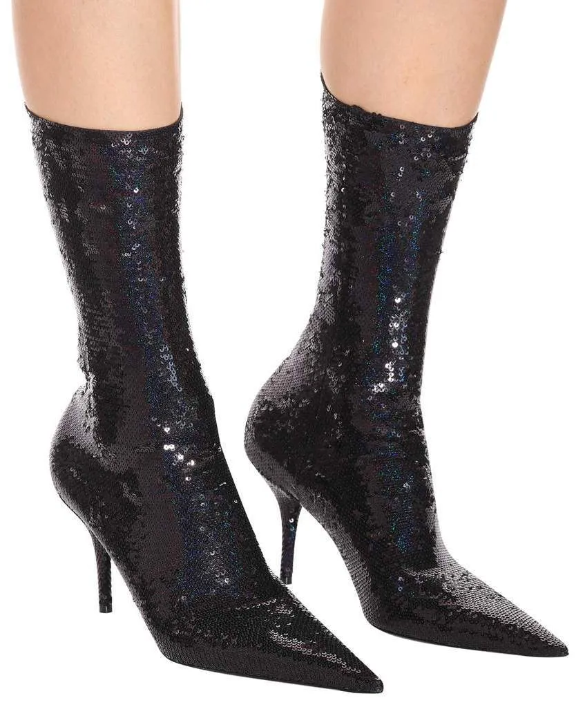 Knife Sequined Sock Boots, Black