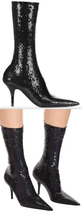 Knife Sequined Sock Boots, Black