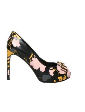 Leather Floral Peep Toe Pumps