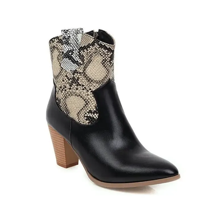 Leather Snake Print Short Women's Boots