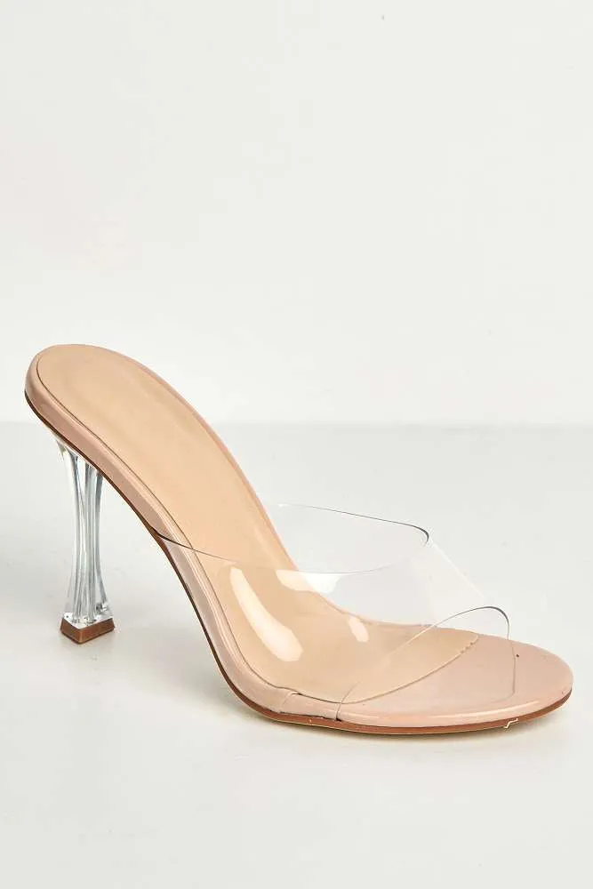 Louisa Perspex Band Clear Heel Mules in Nude