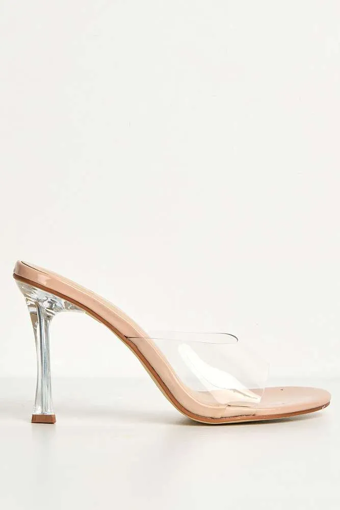 Louisa Perspex Band Clear Heel Mules in Nude