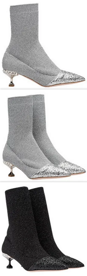 Lurex Knit Booties with Glitter Toecap - Grey or Black