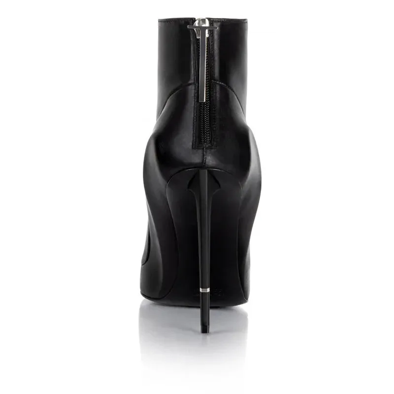 Luxury Crystal-Embellished Stiletto Mid-Calf Boots - High-Quality Black & Pink Leather, Handmade Women's Pointed Boot