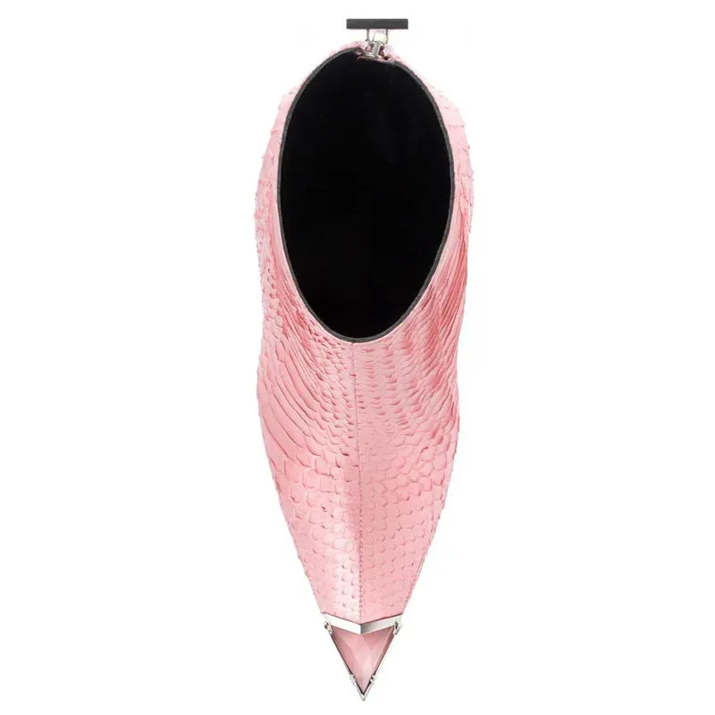 Luxury Crystal-Embellished Stiletto Mid-Calf Boots - High-Quality Black & Pink Leather, Handmade Women's Pointed Boot