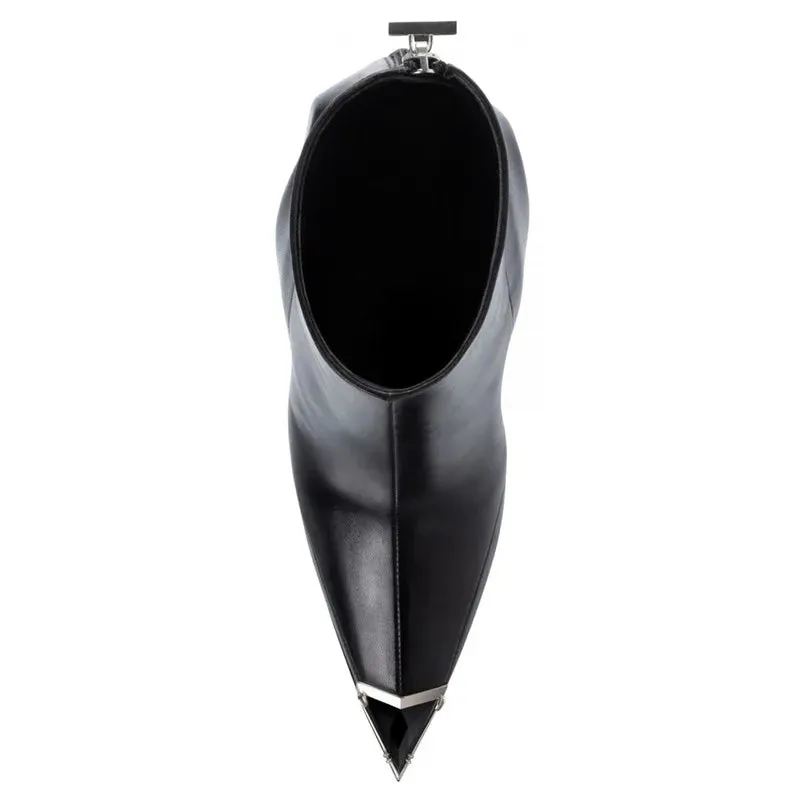 Luxury Crystal-Embellished Stiletto Mid-Calf Boots - High-Quality Black & Pink Leather, Handmade Women's Pointed Boot