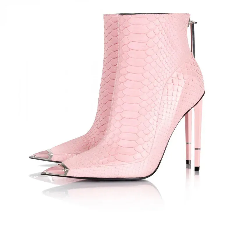 Luxury Crystal-Embellished Stiletto Mid-Calf Boots - High-Quality Black & Pink Leather, Handmade Women's Pointed Boot