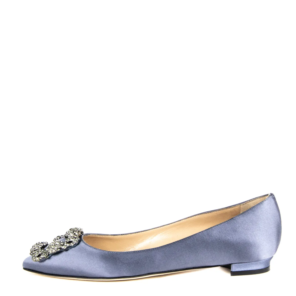 Manolo Blahnik Metallic Gray Satin Hangisi Crystal Embellished Flats Size US 5 | EU 35