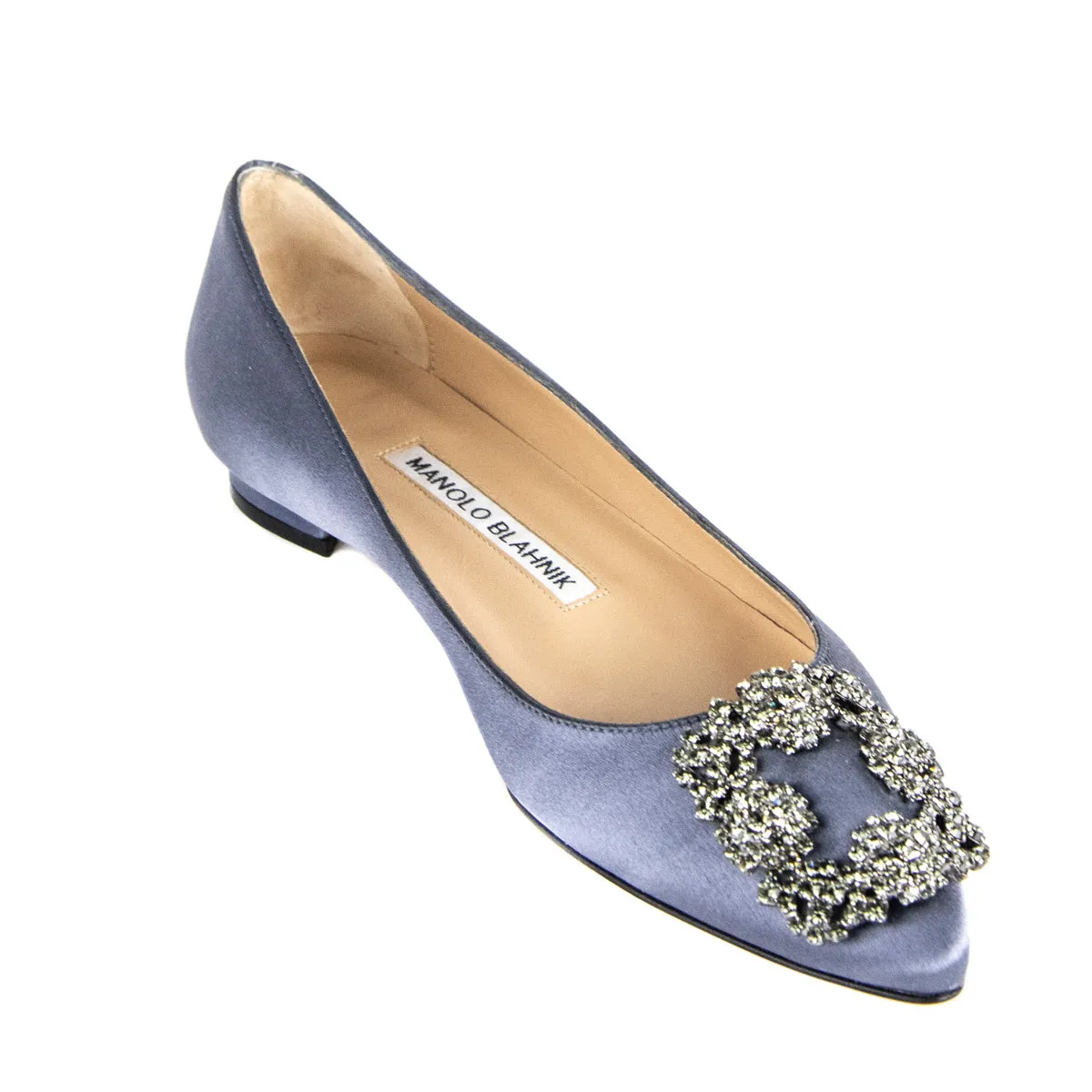 Manolo Blahnik Metallic Gray Satin Hangisi Crystal Embellished Flats Size US 5 | EU 35