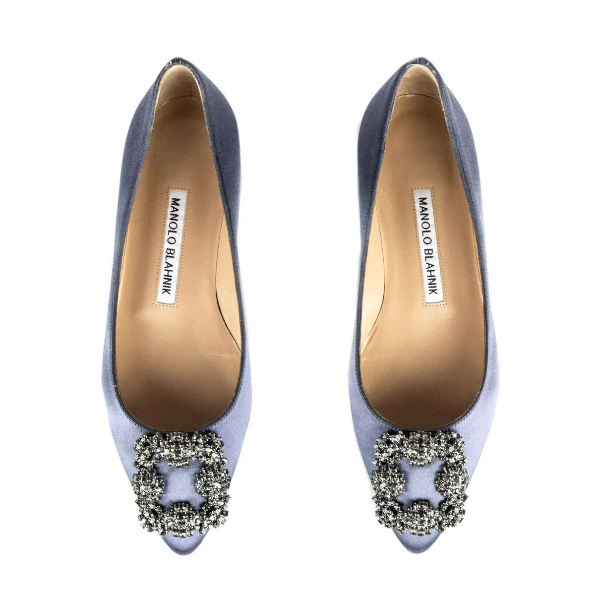 Manolo Blahnik Metallic Gray Satin Hangisi Crystal Embellished Flats Size US 5 | EU 35