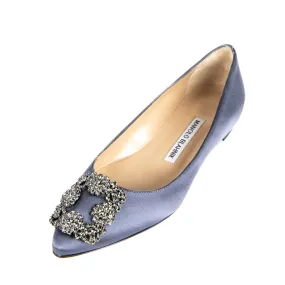 Manolo Blahnik Metallic Gray Satin Hangisi Crystal Embellished Flats Size US 5 | EU 35