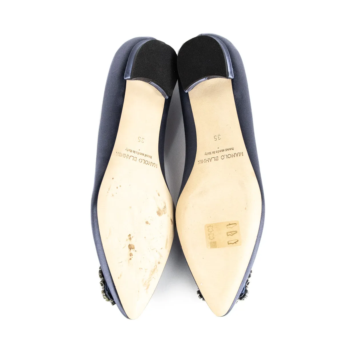 Manolo Blahnik Metallic Gray Satin Hangisi Crystal Embellished Flats Size US 5 | EU 35