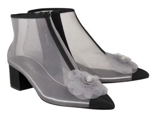 Mesh and Grosgrain Flower Cap Toe Short Boots