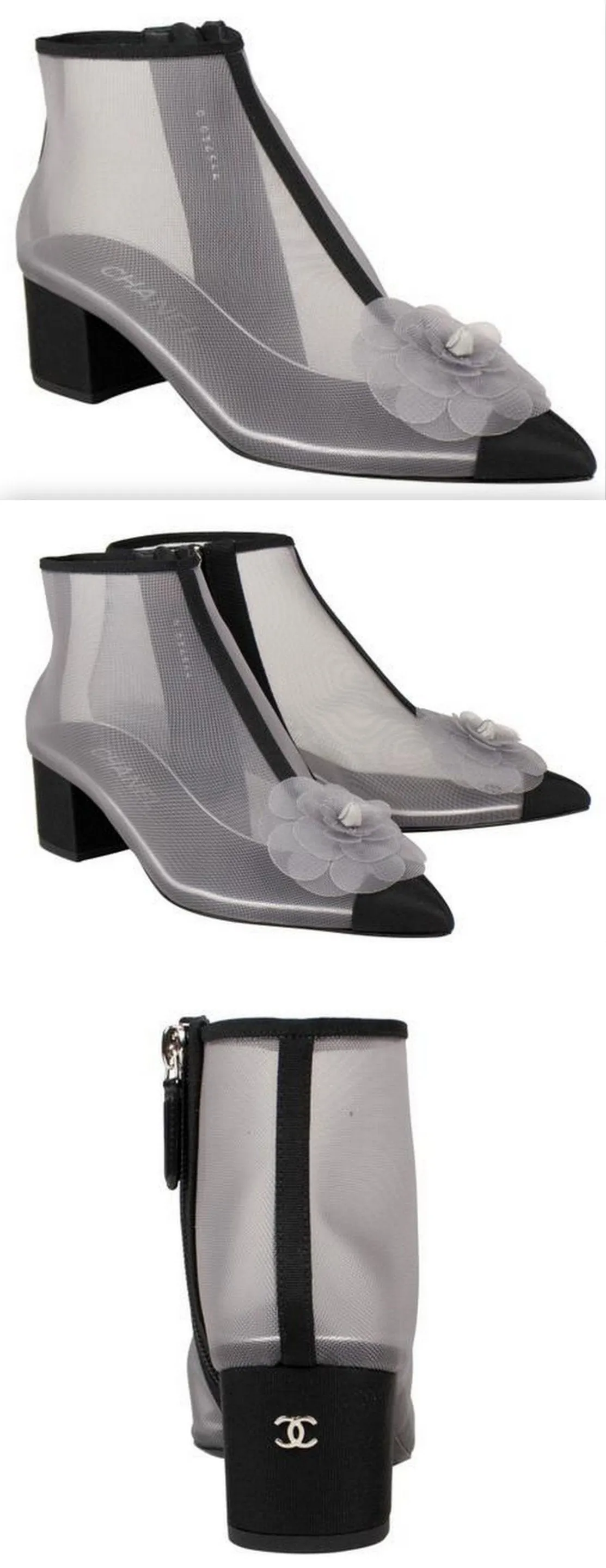 Mesh and Grosgrain Flower Cap Toe Short Boots