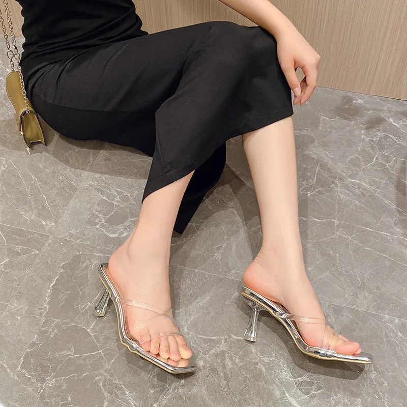 Minimalistic and Stylish Transparent Cross-Strap Slides with Crystal Heels Sandals