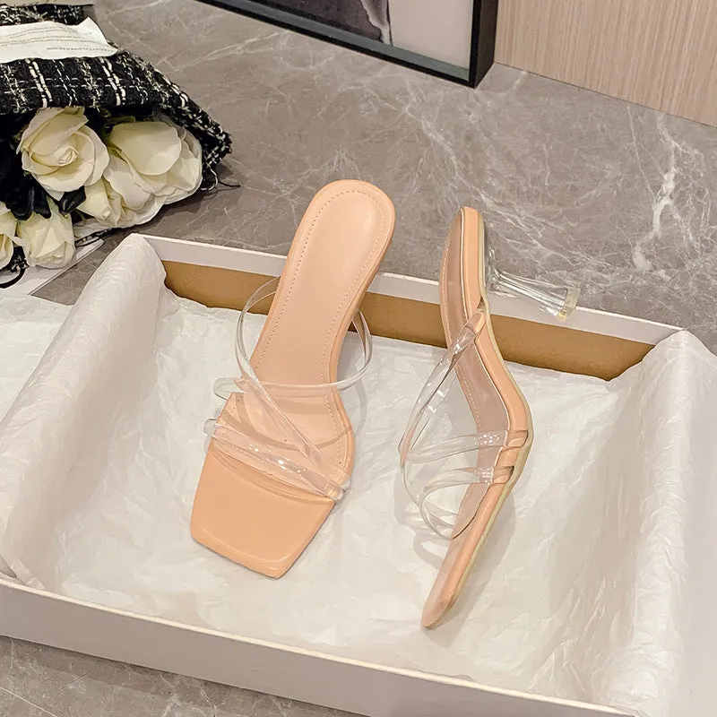 Minimalistic and Stylish Transparent Cross-Strap Slides with Crystal Heels Sandals