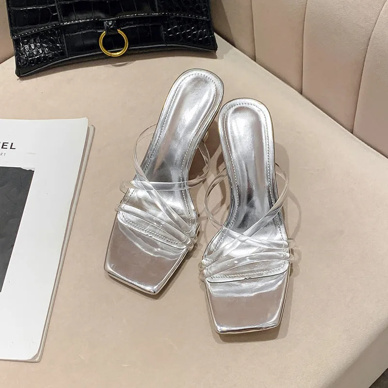Minimalistic and Stylish Transparent Cross-Strap Slides with Crystal Heels Sandals