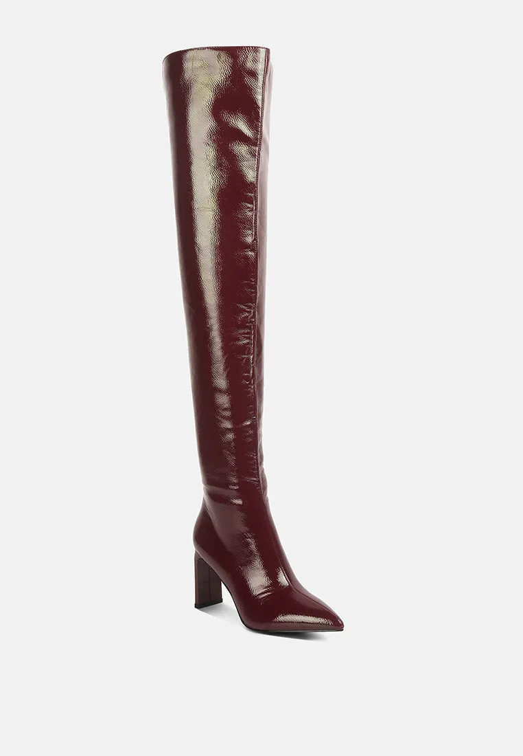 minkles patent pu long slim block heeled boots