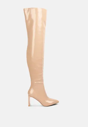 minkles patent pu long slim block heeled boots